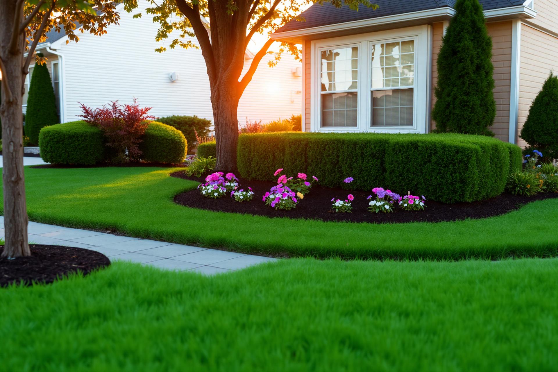 Beautifully manicured lawn and flower beds